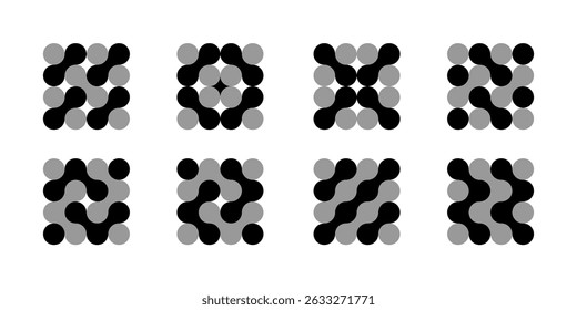 Ícone de conexão de ponto e círculo, logotipo médico abstrato. Formas vetoriais para a inovação biotecnológica. Bolhas líquidas fluem para dentro da molécula. Sistema de comunicação e conceito de célula neuronal cerebral. Metabol de colagênio