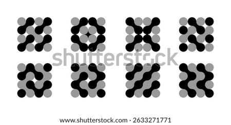 Dot and circle connect icon, abstract medical logo. Vector shapes for bio-tech innovation. Liquid blobs flow into molecule drop. Communication system and brain neuron cell concept. Collagen metaball