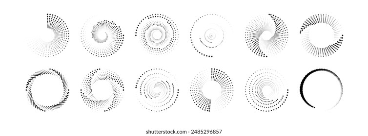 Dot circle pattern. Concentric vortex circles, circular ripple lines design. PNG. Dynamic abstract black spiral. White round dotted frames set isolated on black background.	