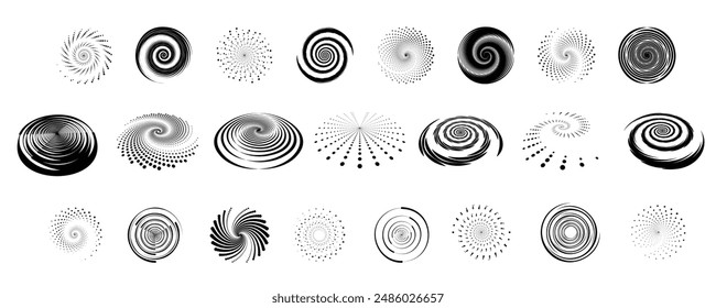 Dot circle pattern. Concentric vortex circles, circular ripple lines design. PNG. Dynamic abstract black spiral. White round dotted frames set isolated on black background.	