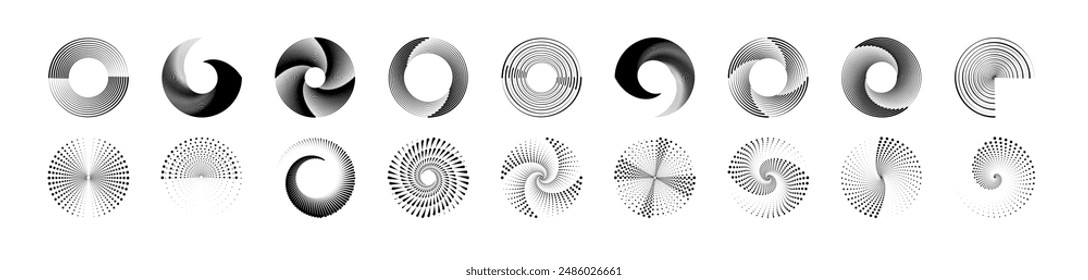 Patrón de círculo de puntos. Círculos de vórtice concéntricos, diseño de líneas onduladas circulares. PNG. Espiral negra abstracta dinámica. Marcos de puntos redondos blancos establecidos aislados sobre fondo negro.	