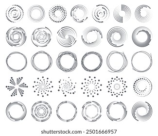 Dot circle pattern. Concentric vortex circles, circular ripple lines design. Dynamic abstract black spiral. White round dotted frames set isolated on black background.	