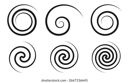 Dot circle pattern. Concentric vortex circles, circular ripple lines design. PNG. Dynamic abstract black spiral. White round dotted frames set isolated on black background.