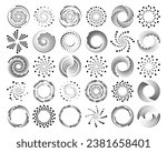 Dot circle pattern. Orange round halftone dot patterns. Spiral halftones frame. Set of swirl abstract ripple elements. Circular graphic textures isolated on black background. Vector.	