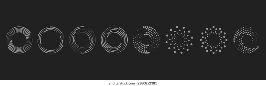 Dot circle pattern. Orange round halftone dot patterns. Spiral halftones frame. Set of swirl abstract ripple elements. Circular graphic textures isolated on black background. Vector.	