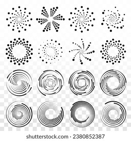 Patrón de círculo de puntos. Patrones de puntos de media tonalidad redondos de color naranja. Marco de medio tono espiral. Conjunto de elementos de ripias abstractas giratorias. Texturas gráficas circulares aisladas sobre fondo negro. Vector.	