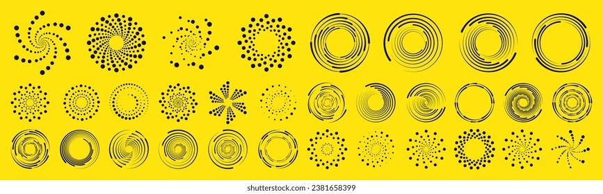 Dot circle pattern. Orange round halftone dot patterns. Spiral halftones frame. Set of swirl abstract ripple elements. Circular graphic textures isolated on black background. Vector.	