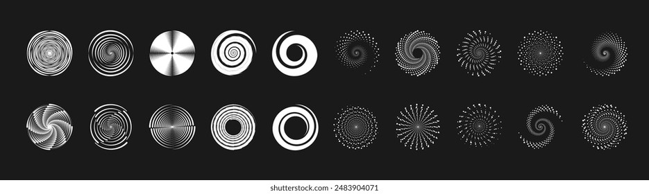 Dot circle pattern. Orange round halftone dot patterns. Spiral halftones frame. Set of swirl abstract ripple elements. Circular graphic textures isolated on black background. Vector.	
