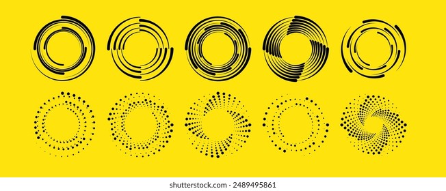 Dot circle pattern. Orange round halftone dot patterns. Spiral halftones frame. Set of swirl abstract ripple elements. Circular graphic textures isolated on black background. Vector.	