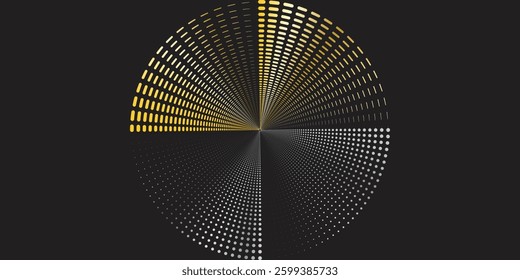 Dot circle pattern. Orange round halftone dot patterns. Spiral halftones frame. Set of swirl abstract ripple elements. Circular graphic textures isolated on black background. Vector.