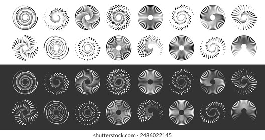 Dot circle pattern rotating dotted circles on black and white background. Black round halftone dots. Spiral halftone frame. Set of swirl abstract ripple elements. PNG	