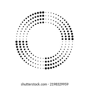 Dot circle speed lines for emblem, design and comic book. Abstract round geometric shape. Halftone graphic striped texture. Circular motion lines. Vector illustration isolated on white background.