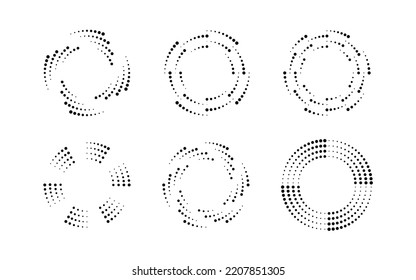 Dot circle speed lines for emblem, design and comic book. Abstract round geometric shape. Halftone graphic striped texture. Circular motion lines. Vector illustration isolated on white background.