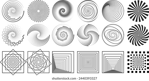 Dot circle and square pattern. Black round dots. Spiral frame. Set of swirl abstract ripple elements. Round and square graphic textures. Vector.