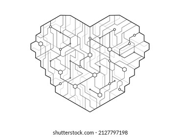 Dot circuit board heart shape simple design. Artificial intelligence concept.