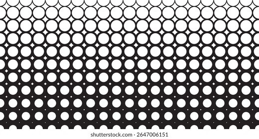 Padrão de grade circular de ponto com espessura de traçado de gradiente. Formas circulares geométricas em preto e branco com layout em transição de linhas negrito para linhas finas. Ilustração abstrata do vetor óptico.