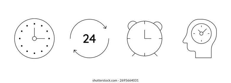 Dot clock, 24 hours cycle, alarm, head time management icon set, time vector illustration, outline minimal symbol, psychology alert.