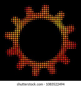 Dot cogwheel icon. Bright pictogram in fire color tints on a black background. Vector halftone mosaic of cogwheel pictogram designed of circle pixels.