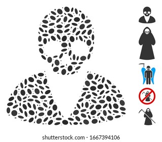 Dot Collage based on death man. Mosaic vector death man is created with scattered oval items. Bonus icons are added.