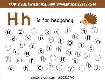 Dot or color letter H. Alphabet learning page for preschoolers. ABC games. H is for hedgehog.