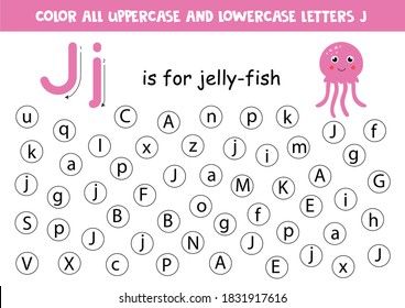 Dot or color letter J. Alphabet learning page for preschoolers. ABC games. J is for jelly fish.