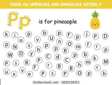 Letra de color o punto P. Alphabet página de aprendizaje para preescolares. Juegos ABC. P es para piña.