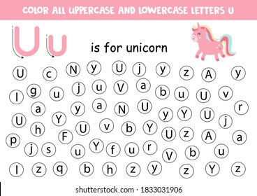 Dot or color letter U. Alphabet learning page for preschoolers. ABC games. U is for unicorn.