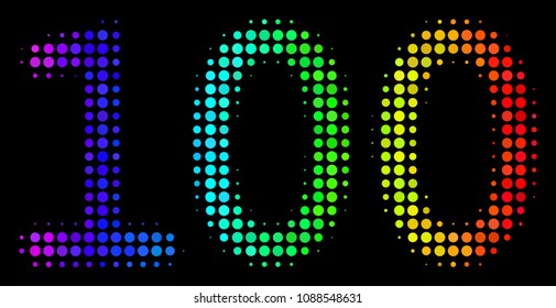 Dot colorful halftone 100 text icon in rainbow color shades with horizontal gradient on a black background. Bright vector composition of 100 text pictogram designed of spheric particles.