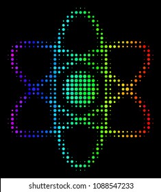 Dot colorful halftone atom icon using spectrum color tinges with horizontal gradient on a black background. Color vector mosaic of atom illustration formed from round particles.