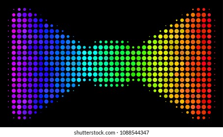 Dot colorful halftone bow tie icon drawn with spectral color variations with horizontal gradient on a black background. Color vector composition of bow tie pictogram formed from circle pixels.