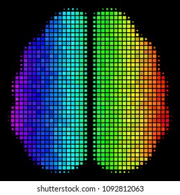 Dot colorful halftone brain icon drawn with spectrum color shades with horizontal gradient on a black background. Multicolored vector concept of brain pictogram designed with square array cells.