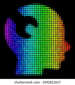 Dot colorful halftone brain wrench tool icon using rainbow color hues with horizontal gradient on a black background.