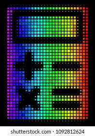 Dot colorful halftone calculator icon using spectrum color shades with horizontal gradient on a black background. Colorful vector mosaic of calculator pictogram organized from rectangle particles.