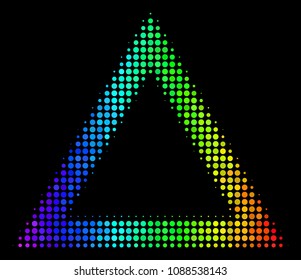 Dot colorful halftone contour triangle icon in rainbow color hues with horizontal gradient on a black background. Colorful vector mosaic of contour triangle pictogram organized of spheric points.