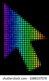 Dot colorful halftone cursor arrow icon in spectral color variations with horizontal gradient on a black background. Multicolored vector concept of cursor arrow illustration combined with circle dots.