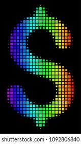 Dot colorful halftone dollar icon drawn with rainbow color tinges with horizontal gradient on a black background. Bright vector composition of dollar illustration formed with square cells.
