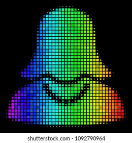 Dot colorful halftone female icon in spectral color tinges with horizontal gradient on a black background. Colorful vector collage of female illustration combined from square elements.