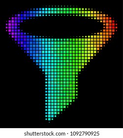 Dot colorful halftone filter icon drawn with spectral color variations with horizontal gradient on a black background. Colorful vector pattern of filter symbol organized from rectangle points.