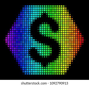 Dot colorful halftone finance icon using spectrum color hues with horizontal gradient on a black background. Colorful vector concept of finance symbol formed from rectangle points.
