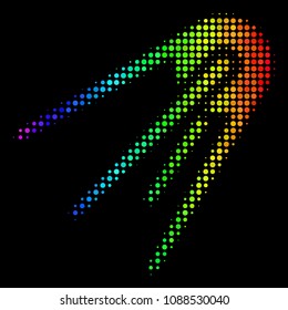 Dot colorful halftone first satellite icon using rainbow color hues with horizontal gradient on a black background.