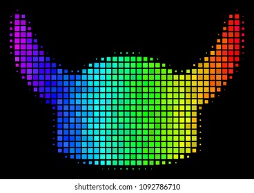 Dot colorful halftone horned helmet icon in spectrum color tinges with horizontal gradient on a black background. Bright vector mosaic of horned helmet illustration created of rectangle elements.