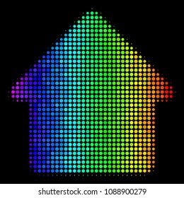 Dot colorful halftone house icon drawn with spectrum color tinges with horizontal gradient on a black background. Color vector mosaic of house symbol formed from round items.