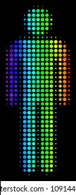 Dot colorful halftone man user icon using spectrum color hues with horizontal gradient on a black background. Multicolored vector pattern of man user illustration made from round items.