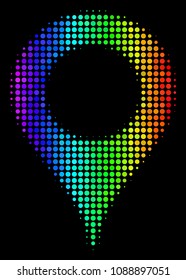 Dot colorful halftone map marker icon in spectral color variations with horizontal gradient on a black background. Colored vector composition of map marker illustration designed from round dots.