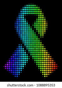 Dot colorful halftone mourning ribbon icon using spectral color tints with horizontal gradient on a black background. Colored vector mosaic of mourning ribbon illustration made from round particles.