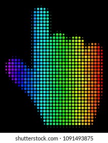 Dot colorful halftone pointer finger icon in spectral color tones with horizontal gradient on a black background. Color vector composition of pointer finger symbol composed with spheric cells.