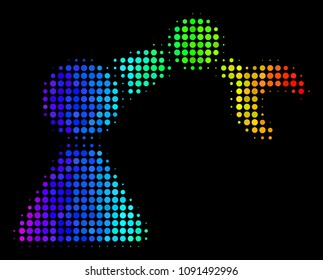 Dot colorful halftone robotics manipulator icon drawn with rainbow color hues with horizontal gradient on a black background.