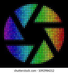 Dot colorful halftone shutter icon in spectral color shades with horizontal gradient on a black background. Multicolored vector composition of shutter illustration designed with square pixels.
