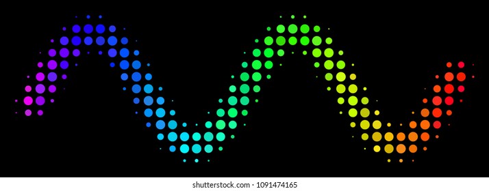 Dot colorful halftone sinusoid wave icon using rainbow color tones with horizontal gradient on a black background. Color vector concept of sinusoid wave illustration done of round cells.