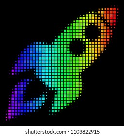 Dot colorful halftone space rocket launch icon in spectral color hues with horizontal gradient on a black background.